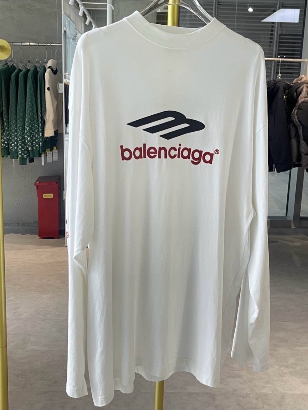 Balenciaga White Long Sleeve Tee with Navy & Burgundy Logo